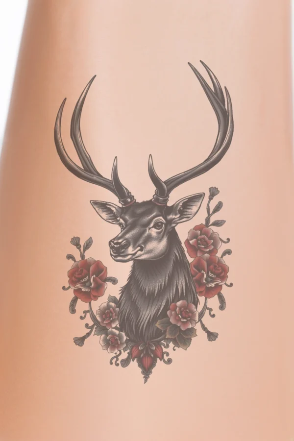 A temporary temporary tattoo design featuring a bold black and white illustration of a deer's head and neck. The deer, facing forward with its gaze straight ahead, has a long, slender neck and large, curved horns. Its dark gray coat and light gray mane