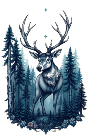 A realistic temporary tattoo design featuring a majestic gray-blue deer at the center of a dense forest. The deer, with large antlers reaching skyward and striking blue eyes, stands on a muted blue-gray forest floor. Surrounded by tall, dark green