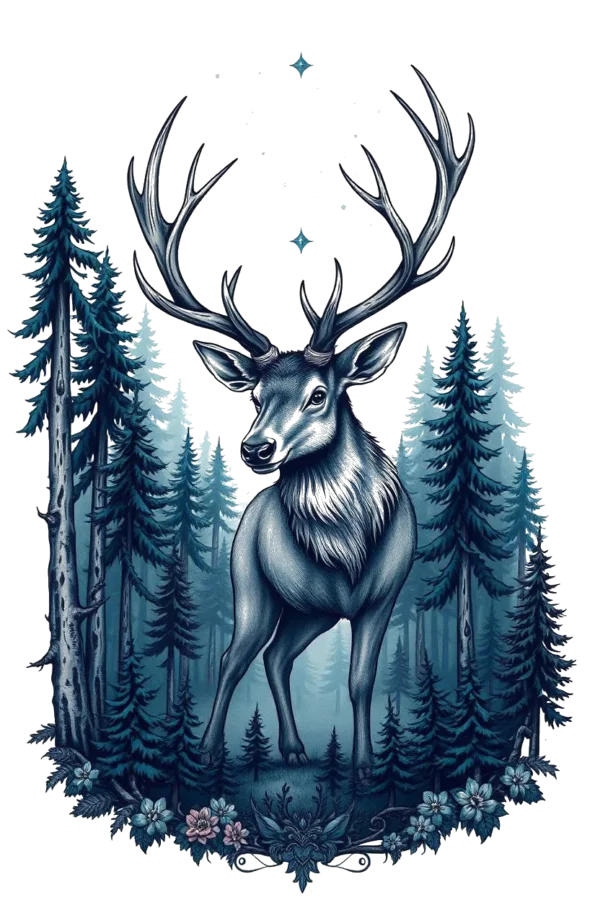 A realistic temporary temporary tattoo design featuring a majestic gray-blue deer at the center of a dense forest. The deer, with large antlers reaching skyward and striking blue eyes, stands on a muted blue-gray forest floor. Surrounded by tall, dark green