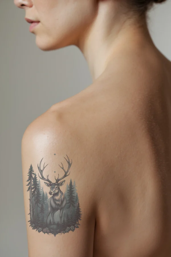 A detailed temporary temporary tattoo on a person's shoulder depicts a majestic deer in profile, standing in a dense forest. The deer, with large, upward-reaching antlers and a gray or blue-gray coat, has striking blue eyes and slender legs. Surrounding it