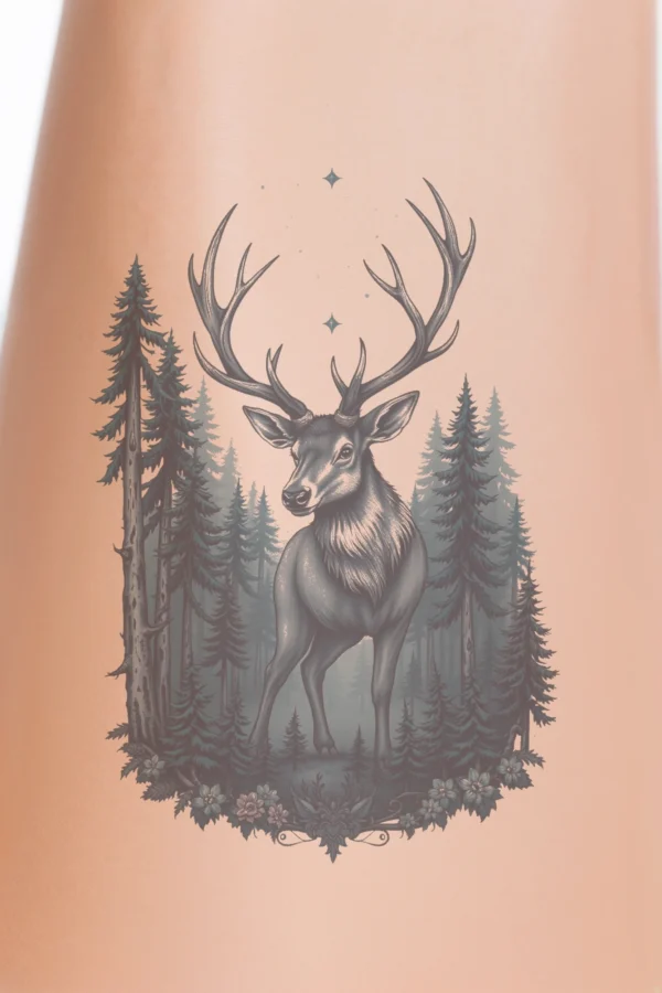 Temporary temporary tattoo design featuring a majestic gray-blue deer with large antlers, standing centered in a dense forest of dark green coniferous trees. The deer has striking blue eyes and long, slender legs, with its head turned slightly to the left. The