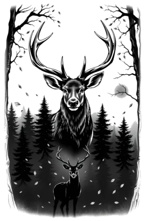 Temporary tattoo design featuring a majestic dark gray stag with large antlers, centered in a black-and-white forest setting. The stag, facing the viewer with its head turned slightly left, stands amidst detailed trees and foliage that create depth. Its prominent antlers