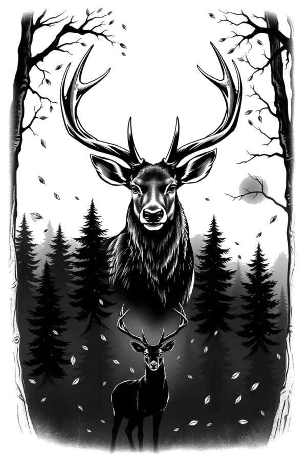 Temporary temporary tattoo design featuring a majestic dark gray stag with large antlers, centered in a black-and-white forest setting. The stag, facing the viewer with its head turned slightly left, stands amidst detailed trees and foliage that create depth. Its prominent antlers