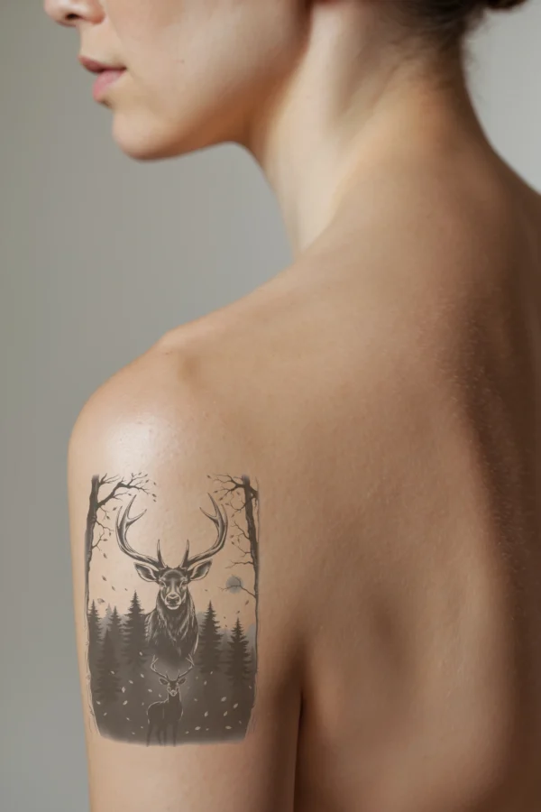 A temporary temporary tattoo design on a person's shoulder depicts a majestic stag with large antlers positioned in the center of a black-and-white forest. The stag has a dark gray or black coat, with its head turned slightly to the left, gazing towards the