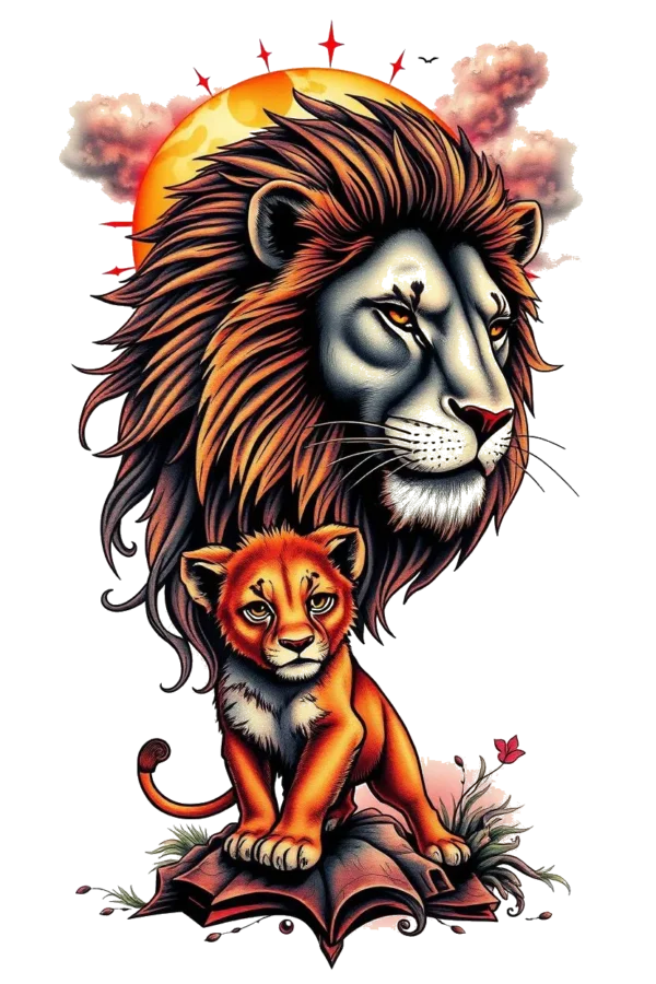A detailed temporary temporary tattoo design featuring a majestic lion with a flowing mane in shades of orange and brown. The lion stands proudly on a dark brown rock, with its head slightly tilted to the left and its striking yellow eyes gazing to the right. The