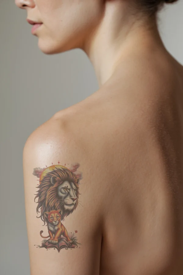 A temporary temporary tattoo on a person's shoulder features a majestic lion in profile, perched on a dark rock. The lion's head is slightly tilted left, with striking yellow eyes gazing to the right. Its flowing mane displays a vibrant mix of orange and brown