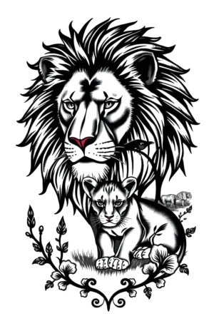 A temporary tattoo design featuring a majestic black and white lion with a detailed mane and tail, displaying a striking red nose and blue eyes. Next to it, a smaller light gray lion cub with distinct facial features. They are set against a stylized landscape