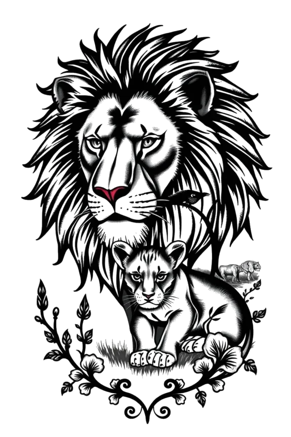 A temporary temporary tattoo design featuring a majestic black and white lion with a detailed mane and tail, displaying a striking red nose and blue eyes. Next to it, a smaller light gray lion cub with distinct facial features. They are set against a stylized landscape