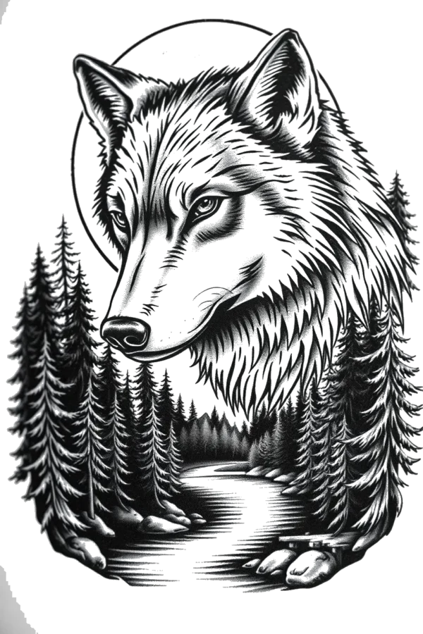 A striking black and white temporary temporary tattoo featuring a wolf's head in profile, facing right. The wolf's fur is illustrated in various shades of gray, adding depth and texture, with its piercing gray eyes and darker gray nose. The wolf's body is