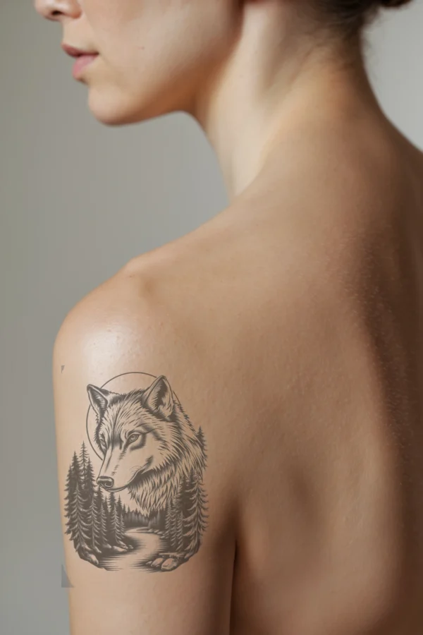 A profile view of a person's shoulder showcasing a striking black and white temporary temporary tattoo. The central focus is a detailed illustration of a wolf’s head and neck, rendered in shades of gray that provide depth and texture. The wolf's eyes are a bright gray