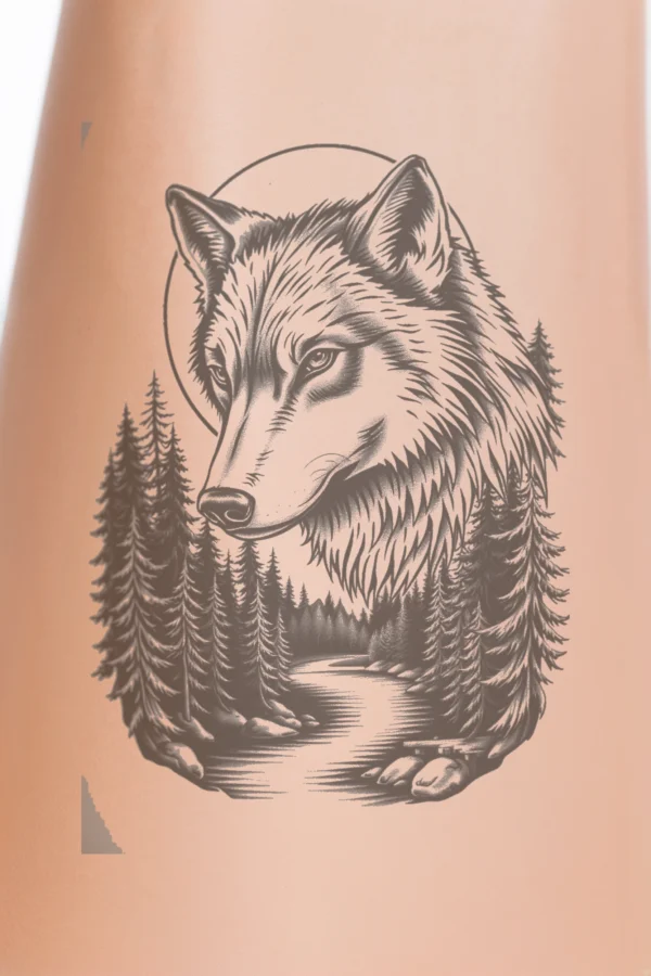 A detailed black and white temporary temporary tattoo design featuring a wolf's head in profile, facing right. The wolf's fur is shaded in varying gray tones, adding texture and depth, while its striking gray eyes and darker gray nose stand out. The wolf's