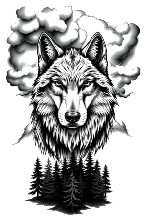 Alternative text: A striking black and white temporary tattoo design featuring a detailed illustration of a wolf's head and neck. The wolf, rendered in shades of gray with textured fur, has piercing red eyes and a dark gray nose. Its head is centrally positioned