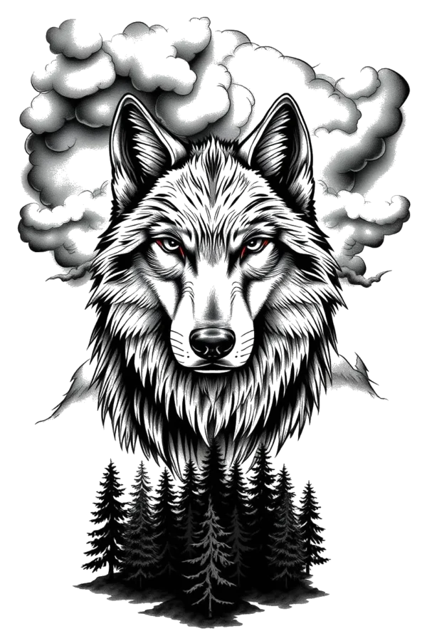 Alternative text: A striking black and white temporary temporary tattoo design featuring a detailed illustration of a wolf's head and neck. The wolf, rendered in shades of gray with textured fur, has piercing red eyes and a dark gray nose. Its head is centrally positioned
