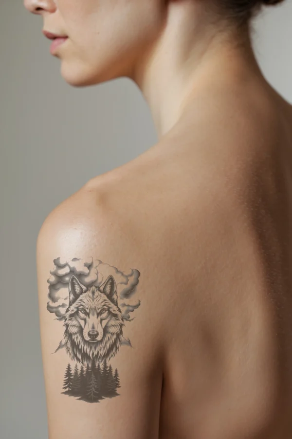 Temporary temporary tattoo design featuring a detailed black and white illustration of a wolf's head and neck, positioned in profile on a person's shoulder. The wolf is depicted with textured gray fur and striking red eyes, gazing directly at the viewer. Its neck is slightly
