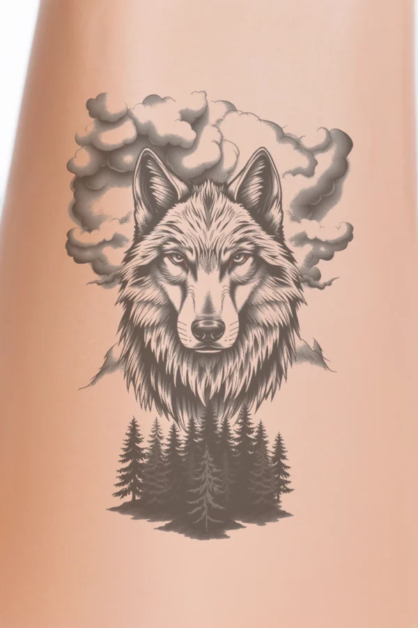 Temporary temporary tattoo design featuring a detailed black and white illustration of a wolf's head and neck, with fur in shades of gray against a white background. The wolf's striking red eyes and dark gray or black nose capture attention, while its gaze is directed toward