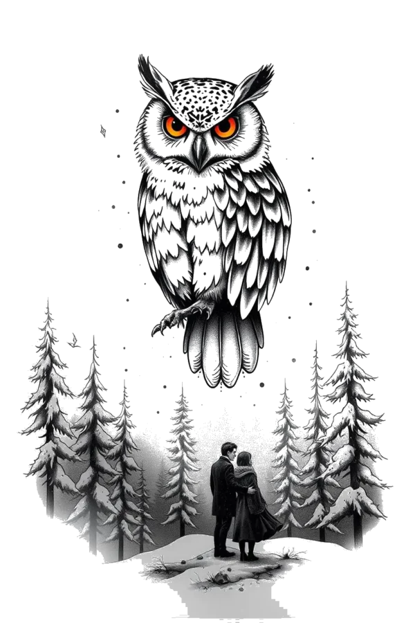 A temporary temporary tattoo design featuring a snowy forest scene with a large white owl on a branch, adorned with black markings and a red beak. Below, a man in a dark suit and a woman in a dark dress stand on the snow-covered ground,