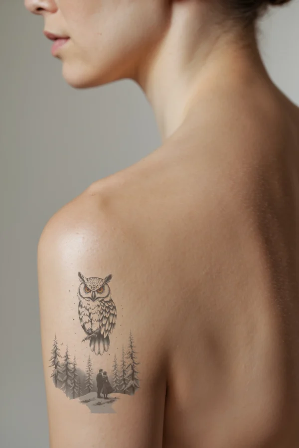 A profile view of a person's shoulder showcases a detailed temporary temporary tattoo depicting a snowy forest scene. At the center, a large owl with a white body, black markings, and a red beak is perched on a branch. Surrounding the owl is a