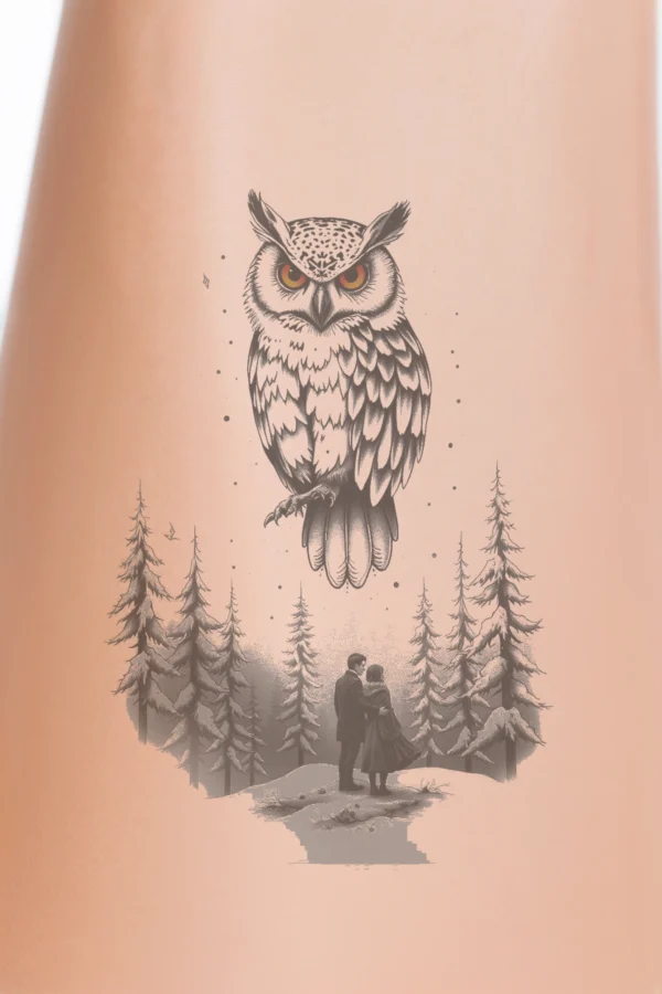 Temporary temporary tattoo design featuring a snowy forest scene: a large white owl with black markings and a red beak perched on a branch. Below, a man in a dark suit and a woman in a dark dress stand on the snow-covered ground, facing the