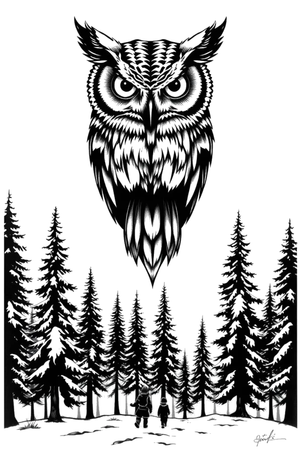 A detailed temporary temporary tattoo design featuring a large owl with its head turned left and body facing right, perched on a snowy ground. The owl has its wings spread wide and an open beak. The background showcases a line of black and white evergreen trees against
