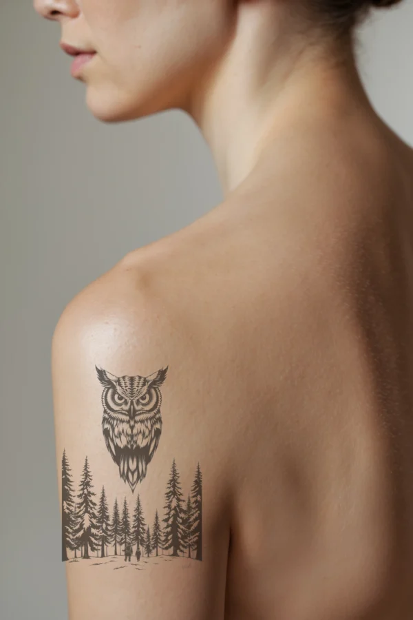 Temporary temporary tattoo design featuring a detailed black and white illustration of a large owl perched on a snowy landscape. The owl faces the viewer with its head turned to the left and its wings spread wide, displaying an open beak. The snowy ground contrasts sharply with