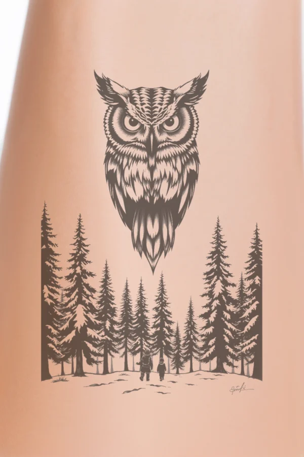 A large, black and white owl stands on a snowy ground, facing the viewer with its head turned to the left and body angled to the right. Its wings are fully spread, and its beak is open. The owl is surrounded by a snowy