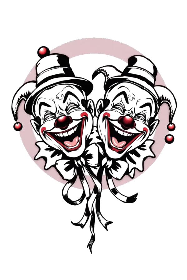 Whimsical temporary temporary tattoo design featuring two joyful clowns with closed eyes and wide smiles. The left clown has a red nose and wears a black hat, while the right clown also has a black hat but a red nose. Both are adorned with black