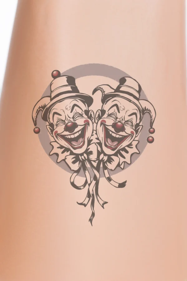 Whimsical temporary temporary tattoo design featuring two smiling clowns. The left clown has a red nose and a black hat, while the right clown also sports a black hat and a red nose. Both wear black and white striped ties, with red lips and