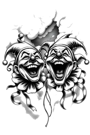 Alt text: "A temporary tattoo design featuring two animated jokers with exaggerated facial features, including large eyes and wide smiles, positioned on either side of a central cloudy area. Both jokers wear pointed hats and appear to be laughing. The design is