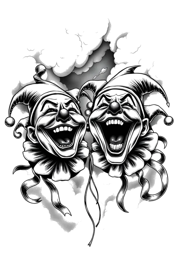 Alt text: "A temporary temporary tattoo design featuring two animated jokers with exaggerated facial features, including large eyes and wide smiles, positioned on either side of a central cloudy area. Both jokers wear pointed hats and appear to be laughing. The design is