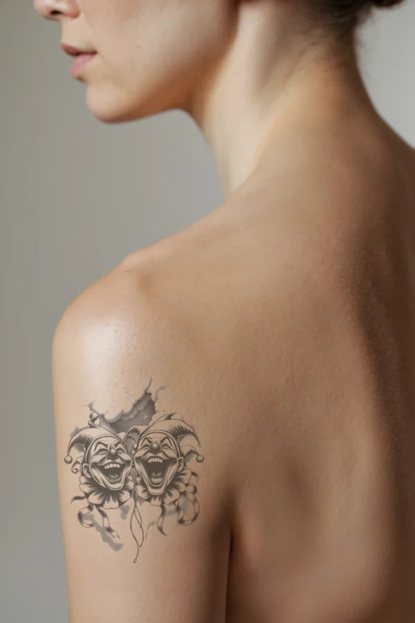 A profile view of a person showcasing a temporary temporary tattoo on their shoulder. The temporary tattoo features two jovial jokers, each with oversized eyes and broad smiles, positioned symmetrically on either side of a central cloudy area. Both jokers wear pointed hats