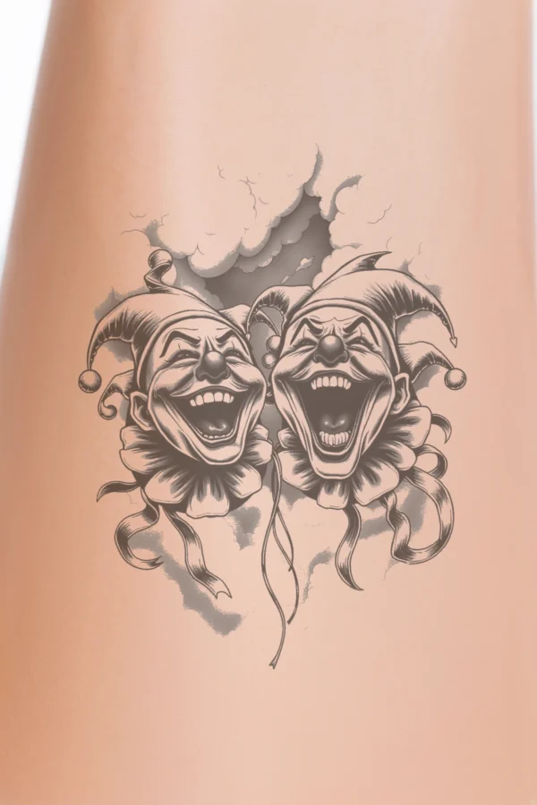 Temporary temporary tattoo design featuring two exaggerated jokers with wide-open mouths, large eyes, and prominent noses, each wearing pointed hats. They are positioned on either side of a central cloudy area. The jokers' black and white illustrations stand out against a light
