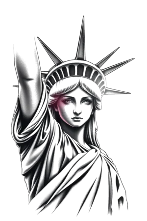 Temporary tattoo design featuring a black and white depiction of the Statue of Liberty. The statue holds a torch aloft in her right hand and displays a serious expression. Her left arm is bent at the elbow, while her crown and the detailed folds of her