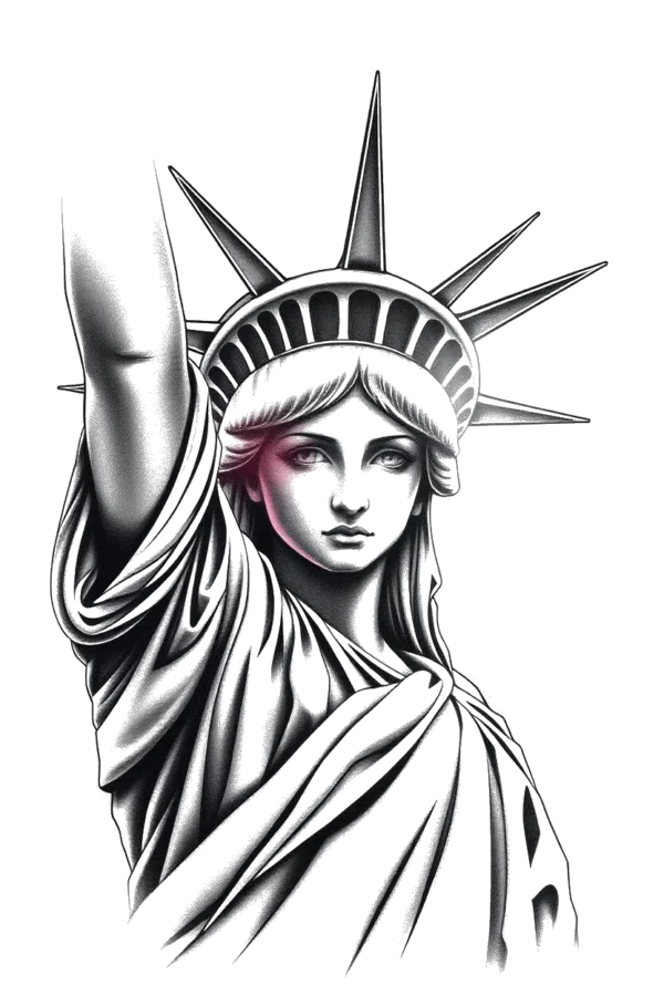 Temporary temporary tattoo design featuring a black and white depiction of the Statue of Liberty. The statue holds a torch aloft in her right hand and displays a serious expression. Her left arm is bent at the elbow, while her crown and the detailed folds of her