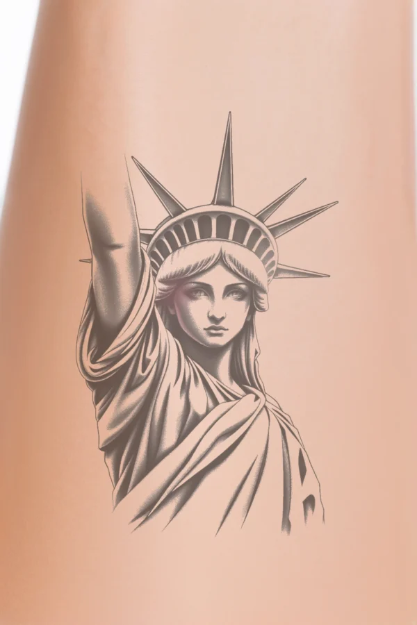 A temporary temporary tattoo design featuring the Statue of Liberty in black and white. The statue is depicted from a low angle, highlighting its grandeur. The iconic torch is raised in the right hand, while the left arm is bent at the elbow. The serious expression