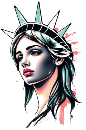 A stylized portrait of a woman resembling the Statue of Liberty, featuring a serious expression. She has light skin and dark hair tinged with teal or turquoise, framed by a crown-like headpiece. Her dark eyes and dark necklace add contrast to her