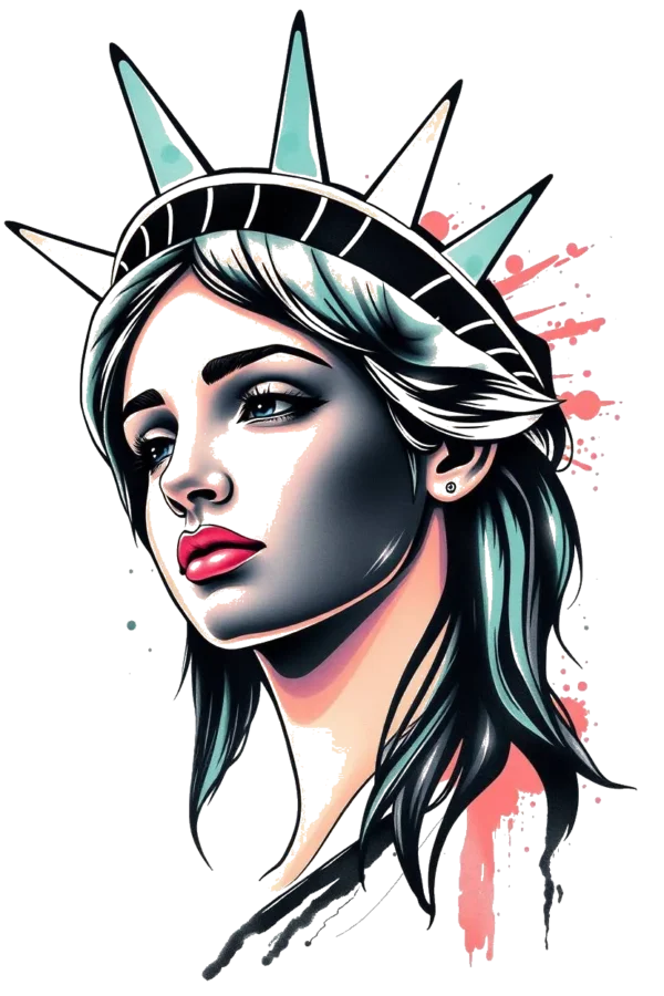 A stylized portrait of a woman resembling the Statue of Liberty, featuring a serious expression. She has light skin and dark hair tinged with teal or turquoise, framed by a crown-like headpiece. Her dark eyes and dark necklace add contrast to her