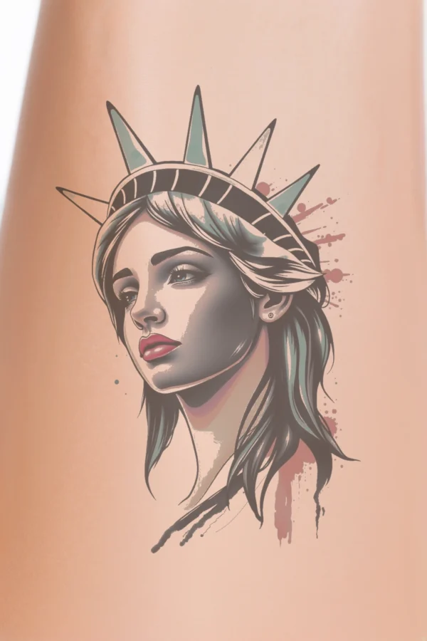 A temporary temporary tattoo design featuring a stylized portrait of a woman reminiscent of the Statue of Liberty. The woman has a serious expression, light skin tone, and dark hair with hints of teal or turquoise. Her hairstyle frames her face, and she wears a