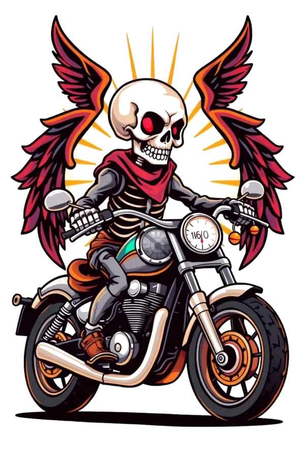 A whimsical temporary temporary tattoo design featuring a stylized skeleton riding a black motorcycle with a white seat and handlebars. The skeleton, with a stark white face and bright red scarf, has colorful red wings extending outward. The motorcycle showcases a large, round headlight