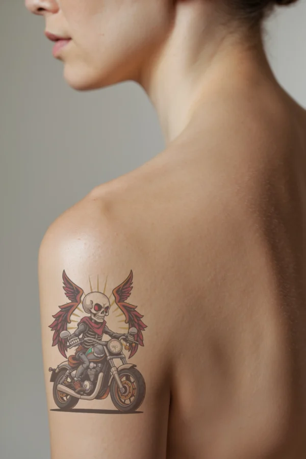 A temporary temporary tattoo design features a stylized skeleton in profile, riding a motorcycle. The skeleton wears a red scarf and has vibrant red wings that extend outward. The motorcycle is primarily black with a white seat, handlebars, and a prominent round headlight.