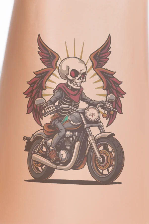 A whimsical temporary temporary tattoo design featuring a stylized skeleton riding a motorcycle. The skeleton, adorned with a red scarf and striking red wings, is centered on a mainly black motorcycle with a white seat and handlebars. The motorcycle includes a prominent round headlight and