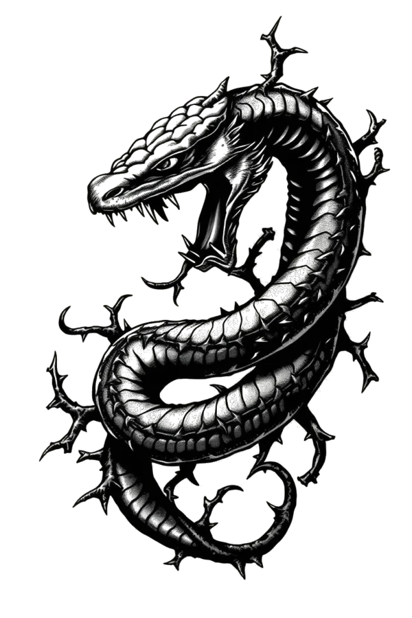 A stylized black and white temporary temporary tattoo of a coiled snake, with its head facing left. The snake's body features small thorn-like protrusions, creating a textured look. Its open mouth reveals sharp teeth, and its eyes are visible with the