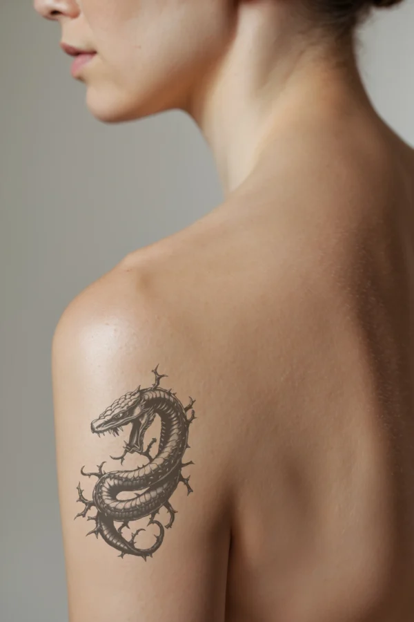 A temporary temporary tattoo on a person's shoulder features a detailed, stylized black and white illustration of a coiled snake. The snake's body, adorned with thorn-like protrusions, gives a textured look, while its head, facing left, reveals sharp teeth