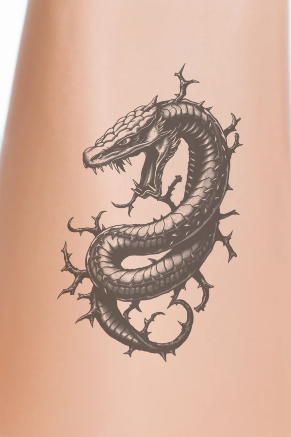 A stylized black and white temporary temporary tattoo featuring a coiled snake, facing left. The snake's body is textured with small, thorn-like protrusions, enhancing its dynamic appearance. Its open mouth reveals sharp teeth, and its head, in dark gray
