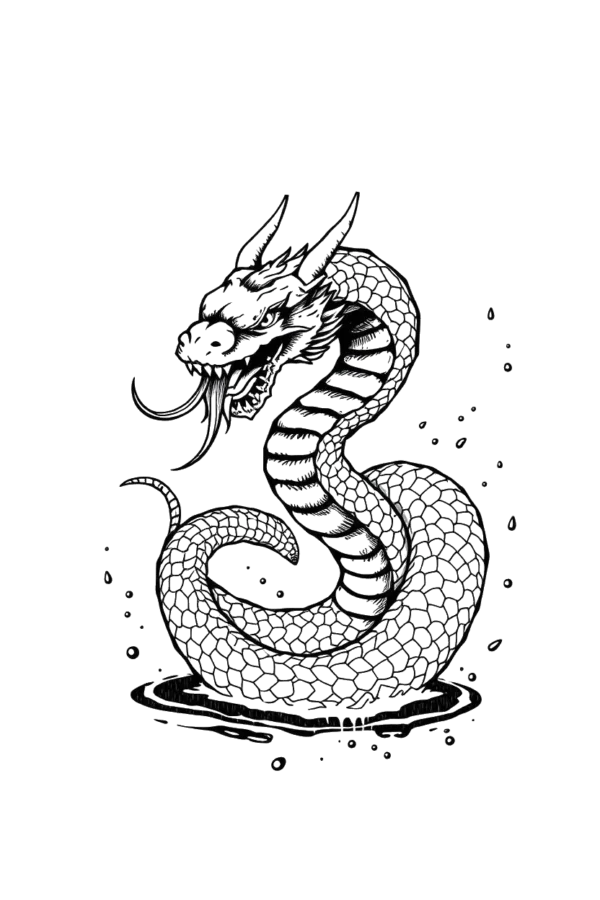 Temporary temporary tattoo featuring a dramatic dragon-like creature with a long, coiled body predominantly in black and white. The dragon's head, adorned with prominent horns, exhibits a large, open mouth showcasing sharp teeth. The detailed shading and texture enhance the creature's