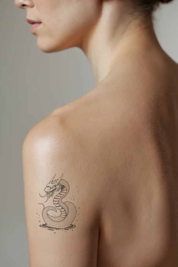 A profile view of a person's shoulder featuring a detailed temporary temporary tattoo of a dragon-like creature. The dragon has a long, coiled body primarily in black and white, adorned with intricate shading and texture for a realistic effect. Its head is prominent, displaying