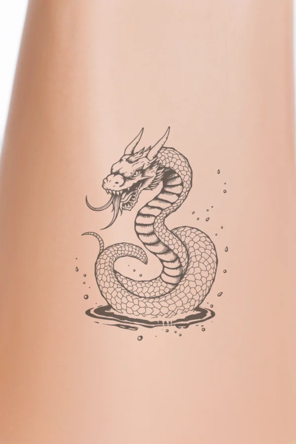 A detailed temporary temporary tattoo featuring a dragon-like creature with a long, coiled body in stark black and white. The dragon's head showcases ornate horns and a wide-open mouth filled with sharp teeth, creating a fierce appearance. Its body is enhanced with shading