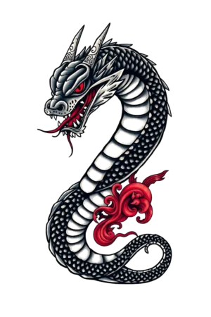 A striking temporary tattoo design featuring a stylized dragon. The dragon's body is predominantly black with bold red accents on its head, neck, and tail. Its open mouth reveals sharp teeth and a dark red tongue, while its eyes gleam bright red