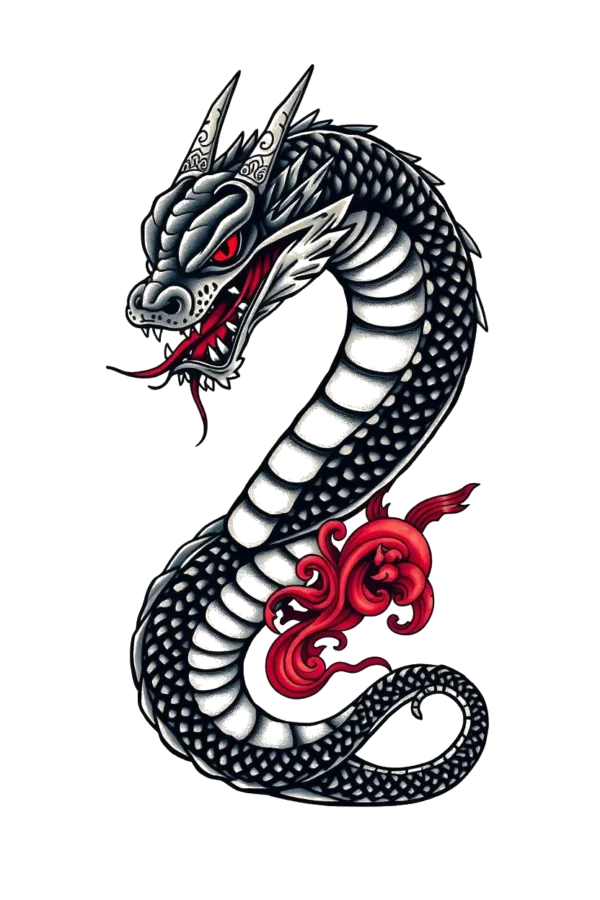 A striking temporary temporary tattoo design featuring a stylized dragon. The dragon's body is predominantly black with bold red accents on its head, neck, and tail. Its open mouth reveals sharp teeth and a dark red tongue, while its eyes gleam bright red