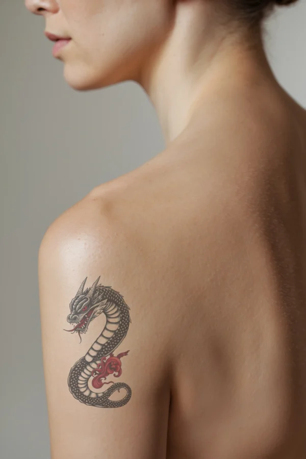 Profile view of a person's shoulder showcasing a temporary temporary tattoo of a fierce dragon. The dragon is predominantly black, featuring striking red accents on its head, neck, and segmented tail. Its mouth is open, revealing sharp teeth and a dark red tongue. The