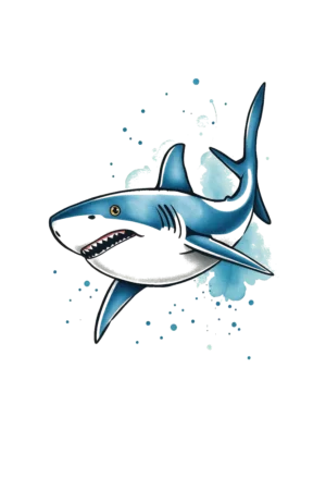 Vibrant temporary tattoo design featuring a blue and white shark at the center, facing right. The shark's body is predominantly blue with white accents on its head and tail, showcasing sharp teeth with an open mouth. Detailed fins and a visible tail fin